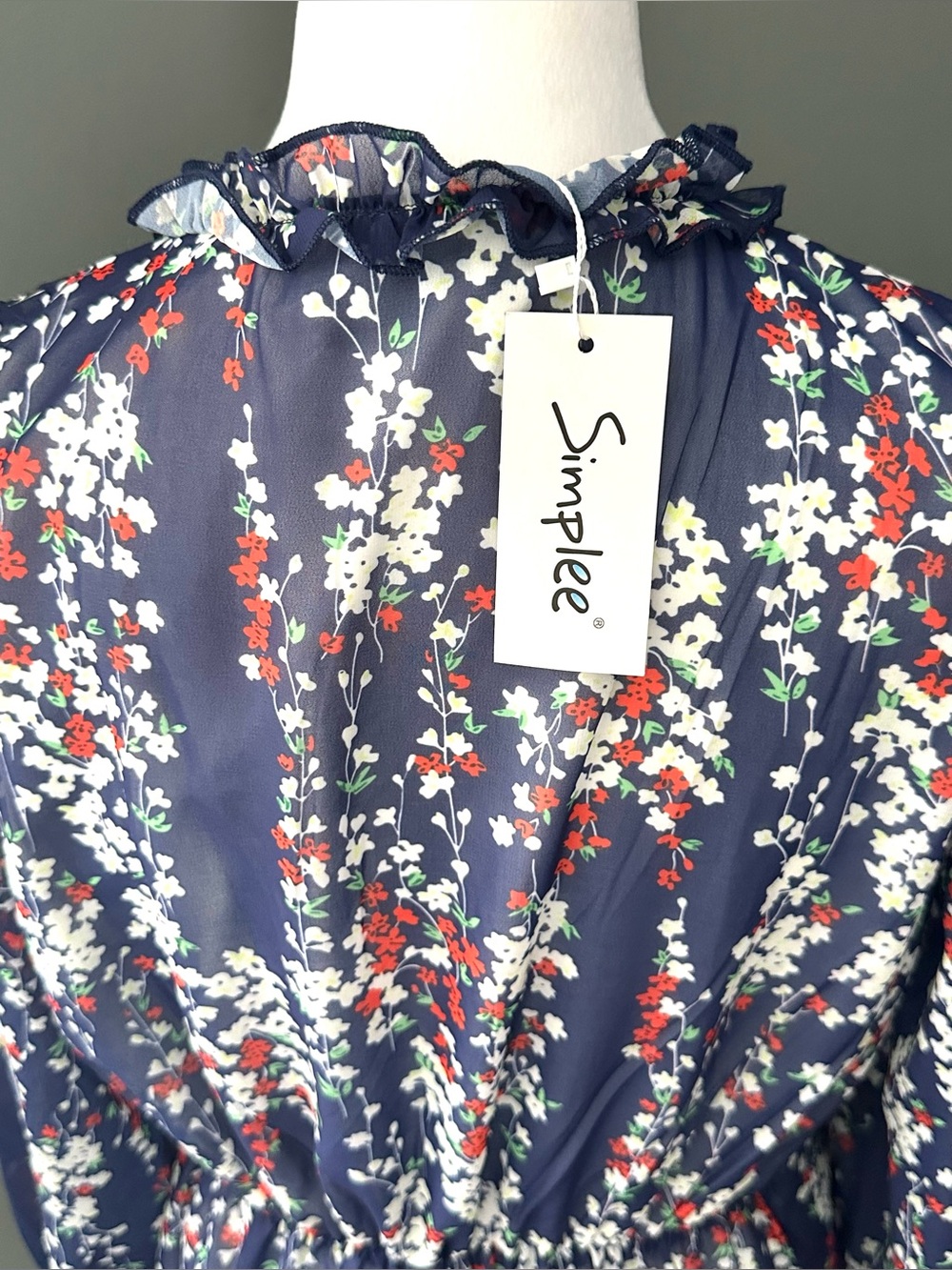 Simplee Navy Floral Ruffle Wrap Midi Dress Size M Cottagecore NWT - Picture 5 of 7
